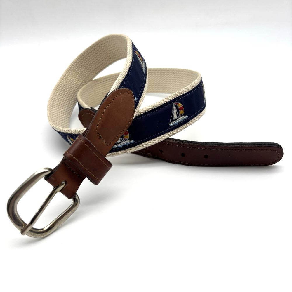 Vintage ZEP-PRO Sailboats Cream Cotton Brown Leather Brass Buckle Belt 36 USA